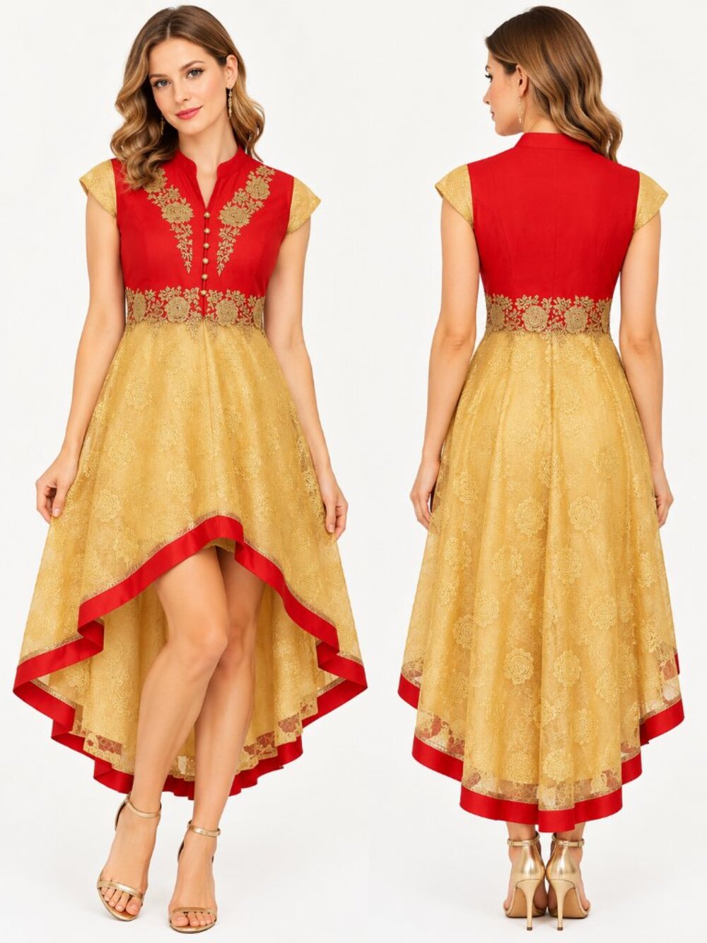 Red & Gold Embroidered High Low Dress Duster Formal Wedding Party Size: S